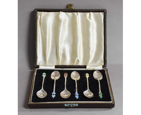 A Set of Six George VI Silver and Enamel Coffee-Spoons, by Henry Clifford Davis, Birmingham, 1947, each with angular enamel t
