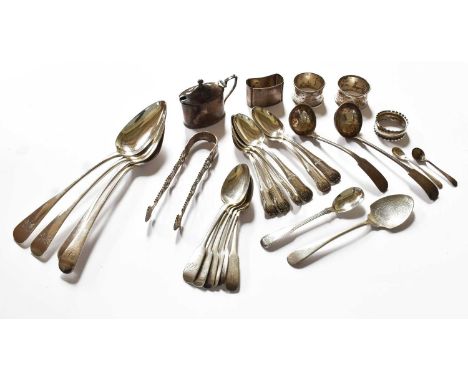 A Collection of Assorted Silver Flatware including: a pair of George III sugar-tongs; two Scottish Fiddle pattern toddy-ladle