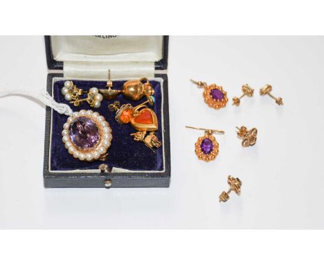A 9 carat gold amethyst and split pearl brooch, length 2.7cm; an enamel heart pendant, stamped '750', length 2.2cm; a pair of