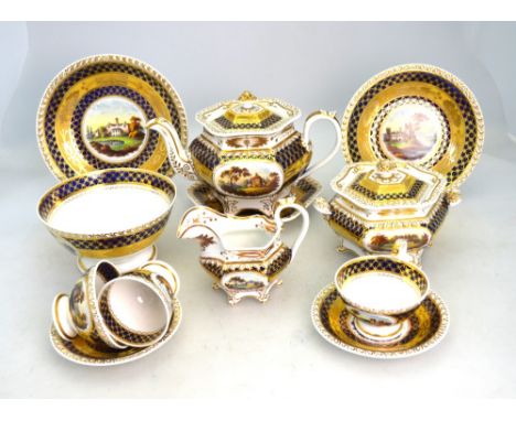 A Ridgway rare shaped octagonal part tea service, circa 1825, apricot and mazarine blue with circular and oval reserves finel