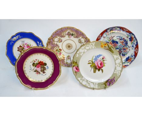 Five cabinet plates, comprising: A Copeland dish with Victorian registration marks; a Spode dish with Spode/Felspar/Porcelain