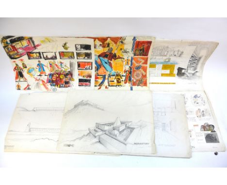Richard D Willson - A folio of various architectural drawings, theatre set designs, cartoons etc, all loose
Note: Richard Wil