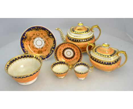 A Ridgway part tea service, circa 1815, apricot ground with mazarine blue and gilt, pattern 2/661 later London shape, compris