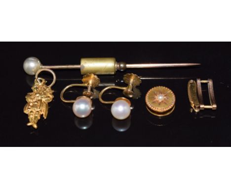 A pair of 9ct gold pearl earrings, 9ct gold charm of a bagpipe player, Victorian yellow metal stud set with a pearl and a sti