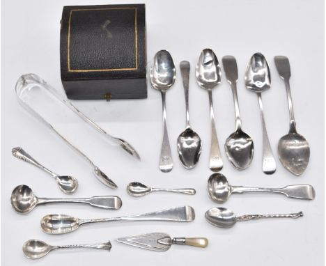 Hallmarked silver cutlery to include sugar tongs, bottom marked spoon, condiment spoons etc and a cased hallmarked silver nap