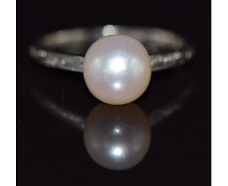 A 9ct white gold ring set with a pearl, 1.8g, size K