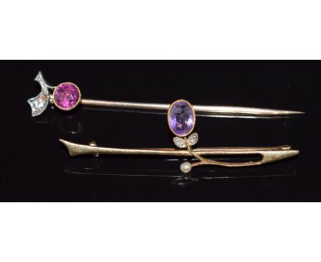 A 15ct gold brooch set with an amethyst, seed pearl and diamonds (2g) and a 9ct gold stick pin set with an amethyst and diamo