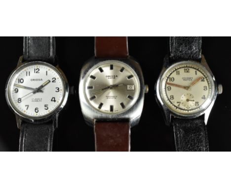 Three gentleman's stainless steel wristwatches comprising Oriosa automatic, Oriosa manual winding and Courbet, all on leather