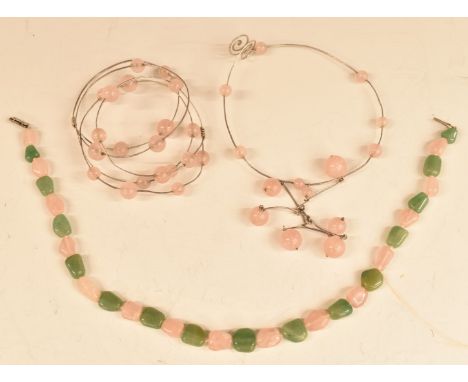 A matching silver bangle and necklace set with rose quartz beads together with a&nbsp;beaded rose quartz and aventurine quart