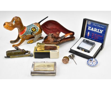 Meerschaum pipe in case, JMCO patent lighter, vesta, Festival of Britain badge, tin plate toy etc