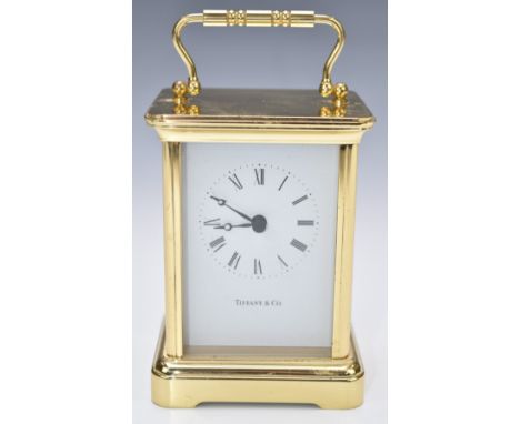 Tiffany and Co brass carriage clock with quartz movement, H13cm