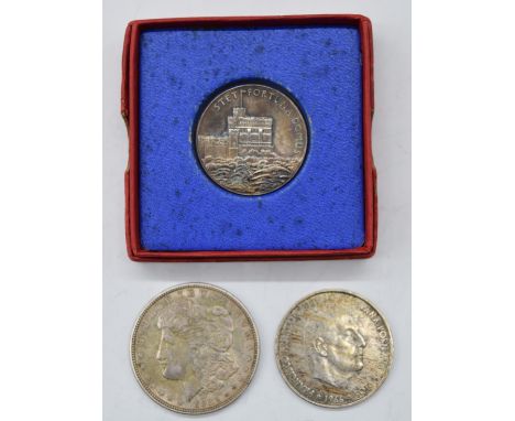 1921 Morgan silver Dollar, together with a silver 1966 100 ptas and a cased commemorative George VI silver medallion