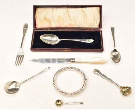 Hallmarked silver cutlery to include salt spoons, tea and coffee spoons and a fork and a bangle marked 925, weight 89g and a 