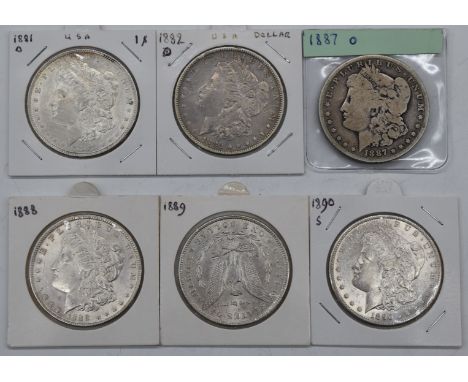 Six USA Morgan silver Dollars, comprising 1881, 1882 and 1887 New Orleans, 1888, 1889 and an 1890 San Francisco example