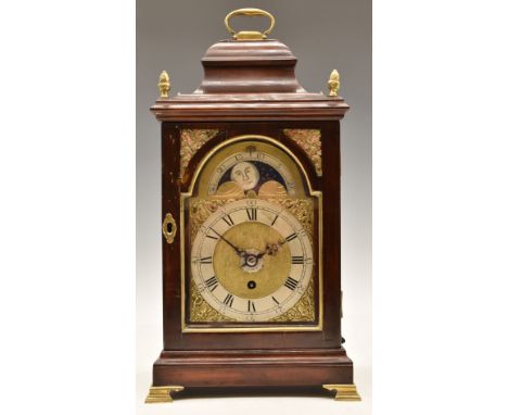 Late 18thC mahogany bracket clock with verge escapement, moon phase and alarm functions, the case having pierced brass side p