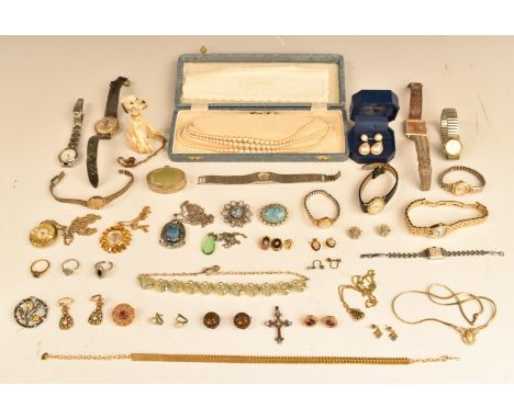 A collection of costume jewellery including necklaces, vintage brooches, Timex watch, etc&nbsp;