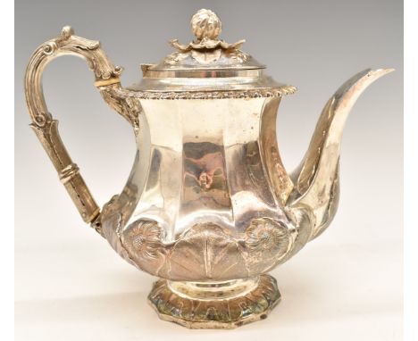 Georgian hallmarked silver teapot with embossed floral decoration and foliate finial, London 1826, maker&nbsp;Richard Pearce 