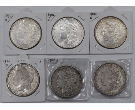 Six USA Morgan silver Dollars comprising 1901, 1902 and 1904 New Orleans and three 1921 examples including Denver and San Fra