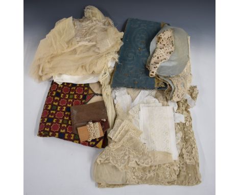 A quantity of linen and lace, tapestry table cloth or similar, 1895 comb, Civil Defence leaflets etc
