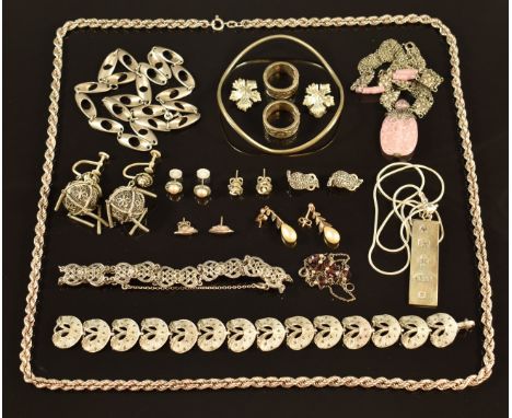 A collection of silver jewellery including rope twist necklace, marcasite bracelets, necklace, 800 bangle, Czech necklace, in