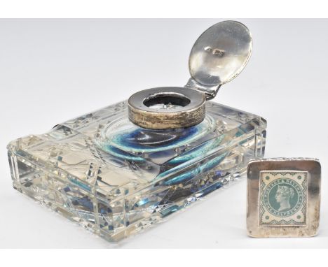 Victorian hallmarked silver mounted cut glass inkwell with pen rest to front, London 1898, maker&nbsp;William Hutton &amp; So