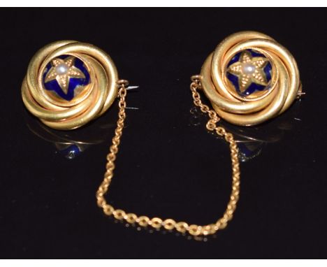 Victorian&nbsp;matching&nbsp;pair of knotted brooches/ cloak pins set with split pearls and blue enamel, 2.2cm