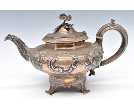 Victorian hallmarked silver teapot with embossed decoration and floral finial, London 1838, maker&nbsp;Joseph Angell I &amp; 