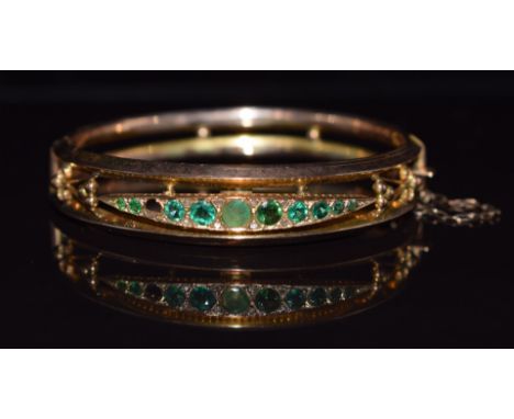 Victorian 9ct gold&nbsp;bangle set with emeralds and diamonds, 10.1g, 5.2 x 5cm&nbsp;