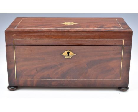 19thC inlaid mahogany two division tea caddy with mixing bowl raised on bun feet, W30 x D15 x H16cm