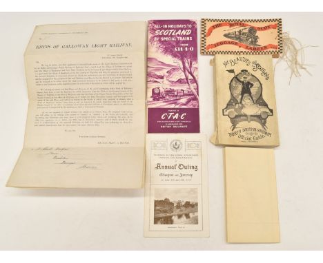 North British Railway official guide book, LMS Royal Scot luggage labels, LMS 1925 annual outing to Glasgow and Inverary prog
