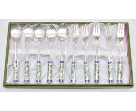 Chinese white metal guilloché enamel handled fork and spoon set, in original box with certificate giving the weight of 180g a