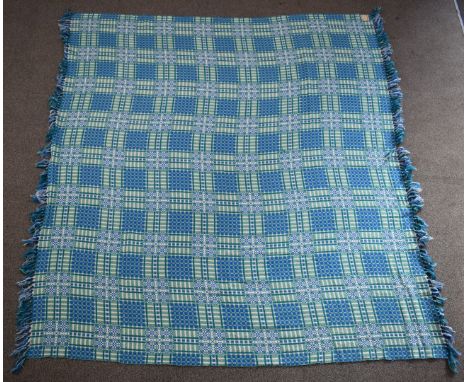 Vintage/retro Welsh white, green and blue&nbsp;wool tapestry blanket with label 'Made in Wales, A Dyffryn product, Cymry Am B