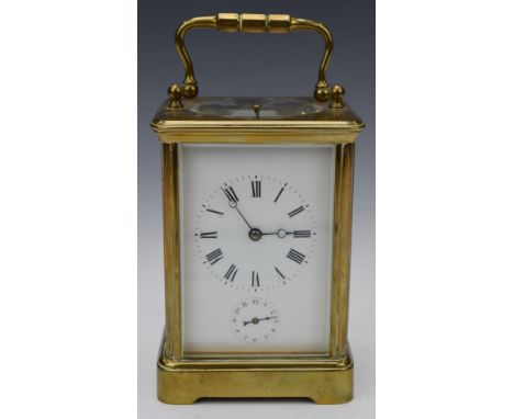 Brass cased repeating carriage clock with subsidiary alarm dial, H17cm