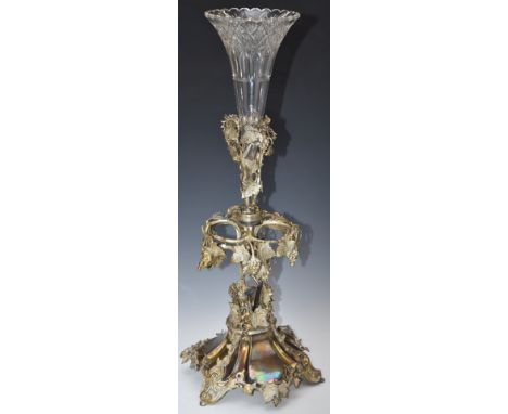 Plated epergne centrepiece with grape and vine decoration, height 55cm