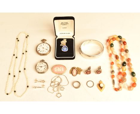 A collection of silver jewellery including Liberty &amp; Co bangle, fob watch, rings and cufflinks, Wedgwood brooch, agate ne