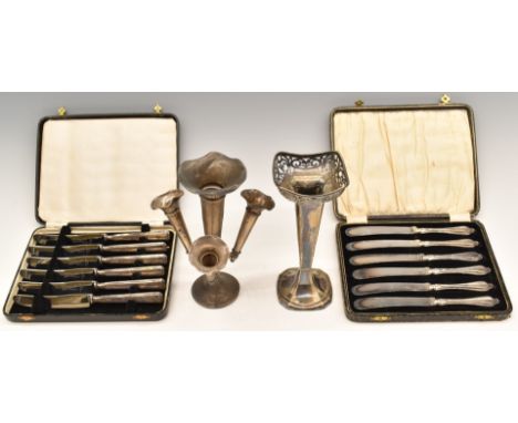 Hallmarked silver epergne, hallmarked silver trumpet vase and two cased sets of hallmarked silver handled knives, height of e