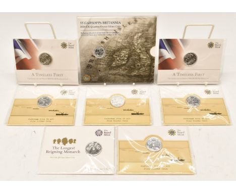 Seven Royal Mint silver coins comprising four fine silver 2014 Outbreak&nbsp;UK £20, two 2013 A Timeless First George and the