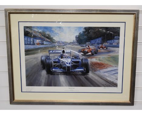Alan Fearnley signed limited edition (214/400) print 'Prima Vittoria' Monza F1 2001, also signed by driver Montoya, 46 x 65cm