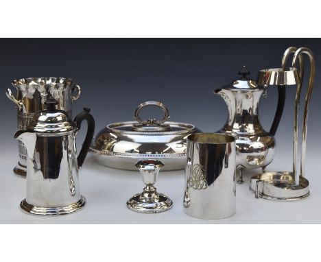 Silver plated ware including Mappin and Webb patent club bottle holder, together with a hallmarked silver candlestick