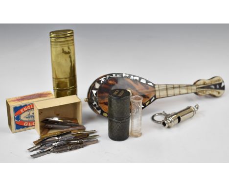 Miniature tortoiseshell mandolin, collection of vintage fountain pen nibs, 19thC brass travelling inkwell, minim measure in c