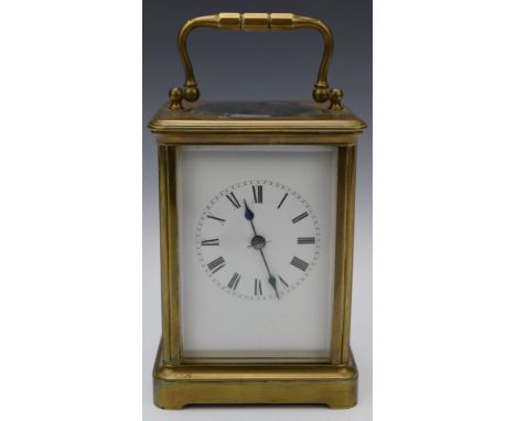 Brass cased carriage clock with white enamel dial and two train movement striking on a gong, H17.5cm