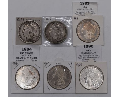 Six USA Morgan silver Dollars comprising 1878 Carson City, 1881 San Francisco, 1883, 1884, 1885 and 1890 examples