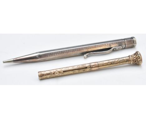 Hallmarked silver Yard-o-led propelling pencil together with a rolled gold or similar retractable pen/pencil with hardstone f