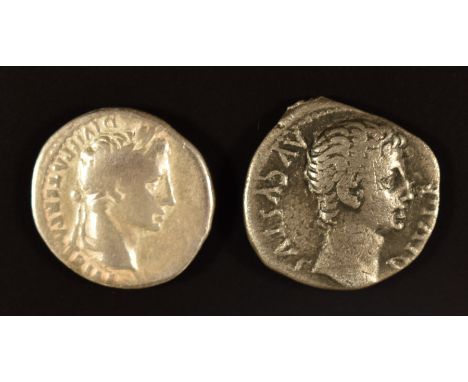 Roman Imperial coinage Julio Claudian Dynasty 17BC-AD69 Augustus two silver Denarius, two reverses the first Apollo (found St