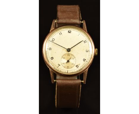 Unnamed 9ct gold gentleman's wristwatch with subsidiary seconds dial, blued hands, black Arabic numerals, silver dial and man