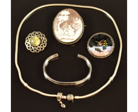 Scottish silver brooch by WBs, silver Pandora necklace, silver bangle, silver brooch set with a cameo and butterfly wing broo