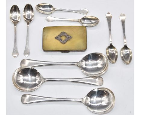 Three hallmarked silver soup spoons, Birmingham 1933, maker&nbsp;Barker Brothers Silver Ltd and a set of six hallmarked silve