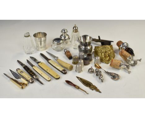 Collectables including thimbles (four being silver), hallmarked silver pepper, folding fruit knives, hallmarked silver trowel