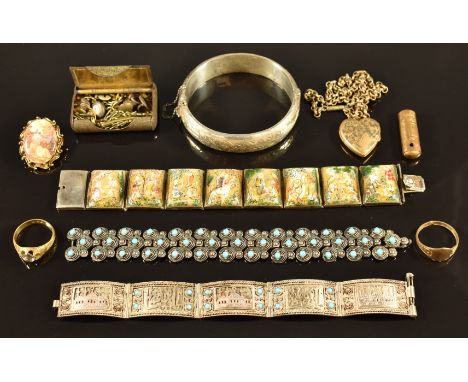 A silver bangle, silver bracelets, rolled gold locket, studs, rings, etc&nbsp;