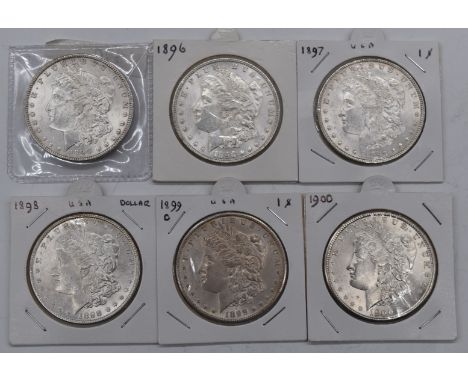 Six USA Morgan silver Dollars comprising 1890, 1896, 1897, 1898 and 1899 New Orleans and a 1900 example